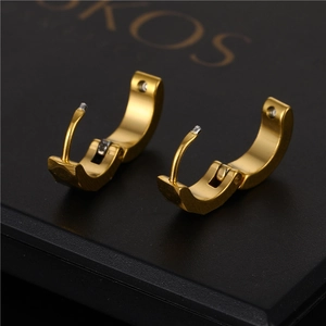 Polished golden stainless steel checkerboard pattern clicker earrings for men and women
