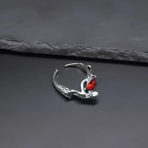 Punk style adjustable open ring with rock texture and red teardrop gemstone