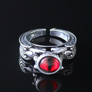 Vintage Gothic Dragon Eye Adjustable Ring For Men Retro Silver Alloy Red Rhinestone Punk Hip Hop Streetwear Finger Ring