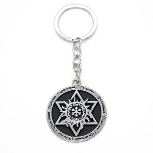 Fashion geometric round keychain with hexagram and snow pattern on silver metal surface