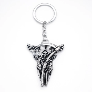Gothic grim reaper scythe and wings pendant keychain with antique silver metal finish