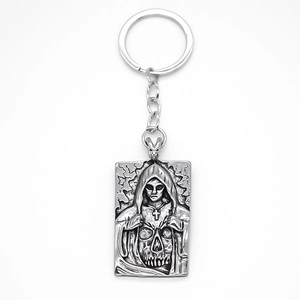 Gothic skull square pendant keychain in antique silver alloy with a minimalist white background