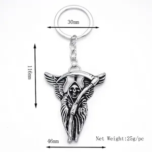 Gothic Grim Reaper keychain in vintage silver alloy with detailed wings and scythe