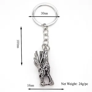 Porte-clés dragon rétro en argent pour hommes et femmes avec écailles et longueur 104mm