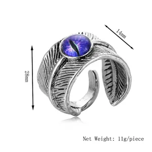 Retro feather ring with purple evil eye stone, vintage alloy open design, size 28x14mm