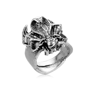 Retro punk cobra snake ring in silver finish with gothic skull design and open adjustable band
