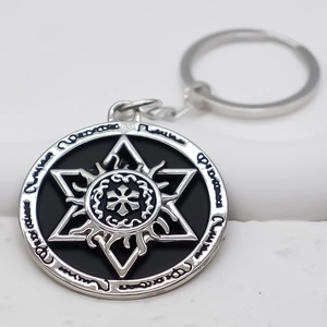 Zinc alloy keychain with hexagram pendant and Latin runes on white background