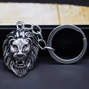 Retro silver lion head keychain with geometric circle hook and detailed lion pendant