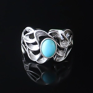 Men's Vintage Alloy Open Ring With Artificial Turquoise Hollow Wave Design Bohemian Ethnic Style Adjustable Finger Ring
