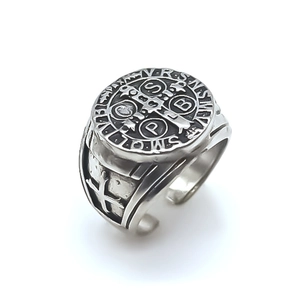 Vintage St. Benedict medal cross open ring in oxidized silver for men and women