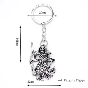 Gothic grim reaper scythe keychain in vintage silver alloy for bags and keys