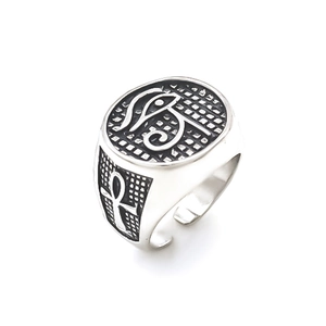 Silver open ring featuring Eye of Horus and Ankh symbols in Ancient Egyptian style