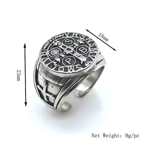 Vintage Saint Benedict medal ring in silver with cross relief and engraved details