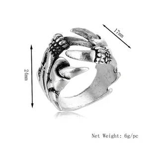 Retro eagle claw ring for men, vintage silver alloy hip hop jewelry, adjustable size