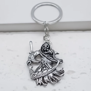 Gothic grim reaper scythe keychain with vintage silver finish for bags and keys