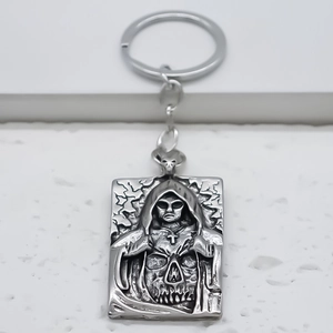 Gothic skull and reaper alloy keychain with rectangular relief pendant for street style