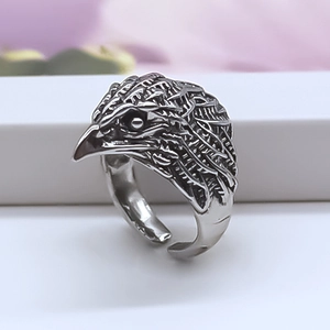 Punk vintage silver eagle head ring with adjustable open band for men in street style