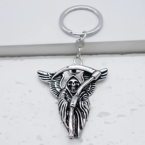 Gothic skull grim reaper keychain with scythe and wings in antique silver metal finish