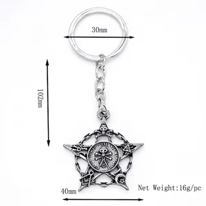 Silver vintage Masonic keychain with pentagram star pendant featuring mystical symbols