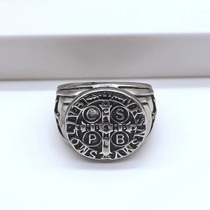 Vintage engraved Saint Benedict cross signet ring in polished stainless steel for men