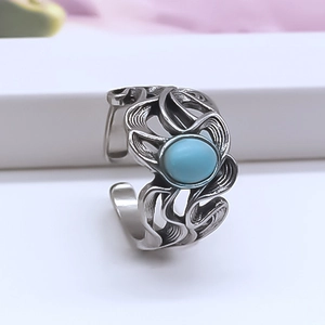 Vintage oxidized silver ring with turquoise stone and hollow wave patterns for men