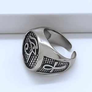Vintage stainless steel open ring with Eye of Horus and Ankh symbols in retro design