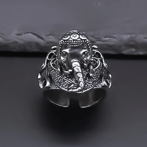 Bague vintage Ganesha dieu éléphant pour hommes en argent avec anneau réglable ouvert