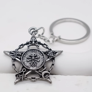 Vintage silver alloy keychain with star pendant featuring masonic symbols and skull design
