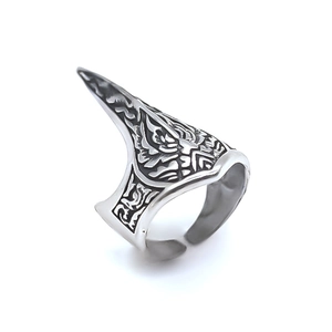 Vintage silver spiked armor ring with flame relief pattern in punk gothic style for men