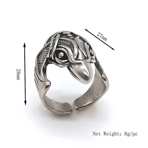 Vintage eagle head ring in antique silver finish with adjustable open band and detailed feathers