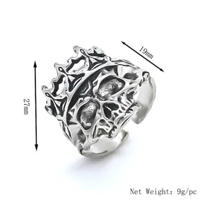 Gothic punk skull ring with crown in vintage silver finish, adjustable open band size