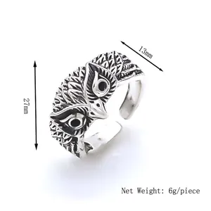 Punk style vintage silver owl open ring for men and women showing size and weight details