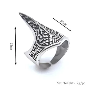 Punk style silver spike ring with gothic totem engraving and adjustable open design