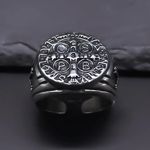 Vintage Saint Benedict Medal Signet Ring For Men Women Alloy Cross Engraved Adjustable Open Ring Religious Punk Gothic Jewelry