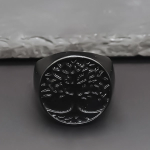 Vintage Mattschwarz Legierung Lebensbaum Siegelring Für Herren Geometrisch Rund Fingerring Streetwear Punk Stil Schmuck Geschenk