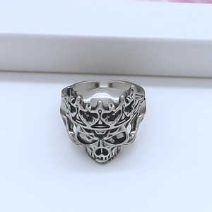 Gothic punk skull ring with crown, vintage silver finish adjustable alloy band for men