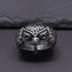 Retro owl owl ring in vintage silver finish with adjustable open band for men and women