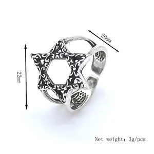 Punk style hollow hexagram silver ring for men with vintage texture and 22mm star size