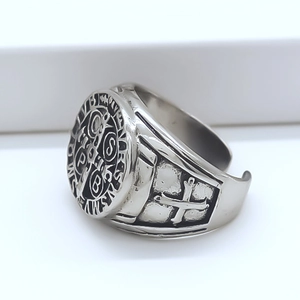 Vintage silver Saint Benedict medal ring with engraved cross and adjustable open band