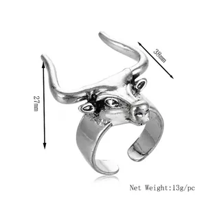 Punk bull head ring in vintage silver finish with adjustable band size for men