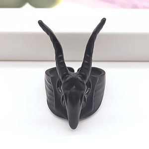 Gothic black matte ram skull ring with long curved horns for men in punk rock style