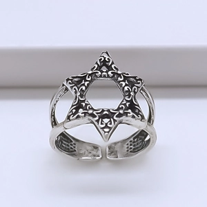 Vintage punk style hollow hexagram open ring with detailed engraving in silver finish