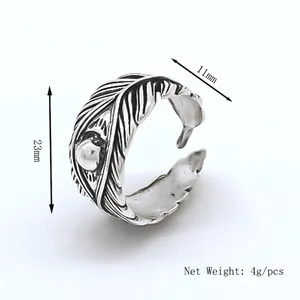 Vintage silver feather open ring with size dimensions 23mm height and 11mm width
