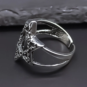 Retro hollow star ring in antique silver finish with Celtic knot textures