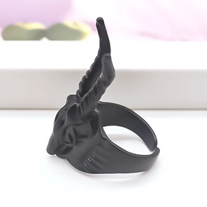 Punk style matte black sheep head ring with spiral horns and adjustable open band