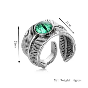 Gothic punk silver angel eye feather open ring with green pupil gemstone centerpiece