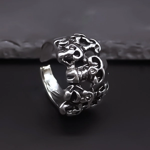 Close-up of hip-hop skull ring featuring detailed relief texture on silver metal band