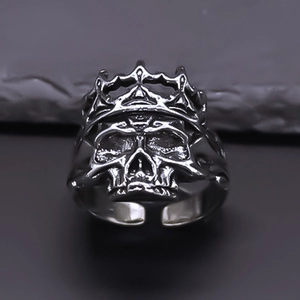 Vintage Gothic Punk Skull Crown Alloy Open Ring Silver Plated Adjustable Finger Ring Street Fashion Jewelry Gift Unisex