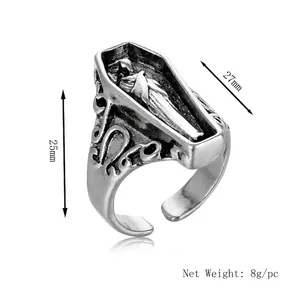 Adjustable punk coffin ring with relief carving and retro vintage silver finish