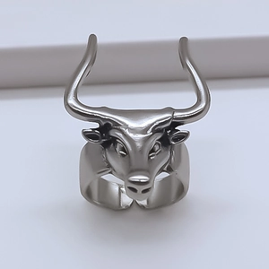 Punk style bull head ring for men with vintage silver finish and detailed ox skull design